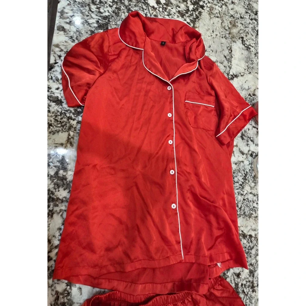 Red Satin Pajama Set Short Sleeve Button Down Shirt and Shorts Size S‎